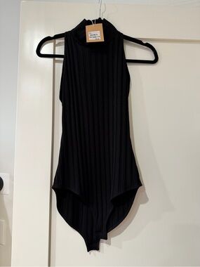 Reformation Black Ribbed Mock Neck Sleeveless Bodysuit